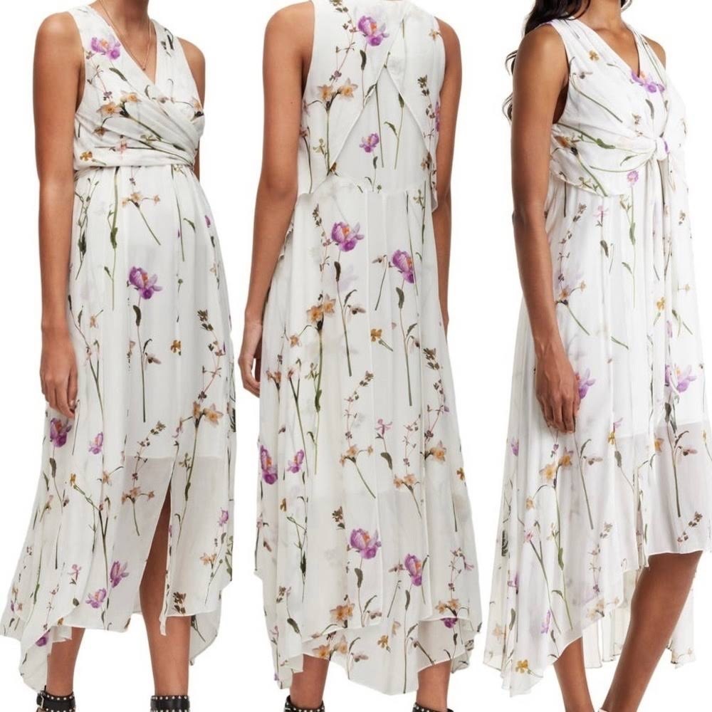 AllSaints Capri Kikyo Dress Sleeveless Flowy Floral High Low Midi White US 4